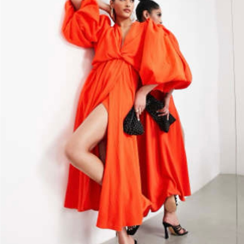 Vibrant Red Dress with Balloon Sleeves
